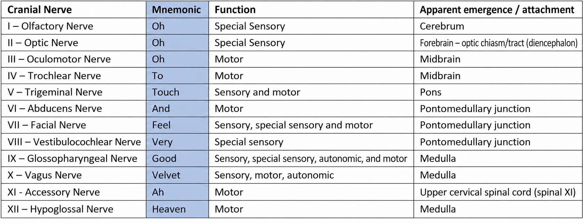 Table of twelve cranial nerves, with VI to VIII at the pontomedullary junction and spinal XI arising from the upper cervical spinal cord
